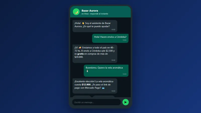 Conversación de WhatsApp en español con un bot que responde y cierra la venta